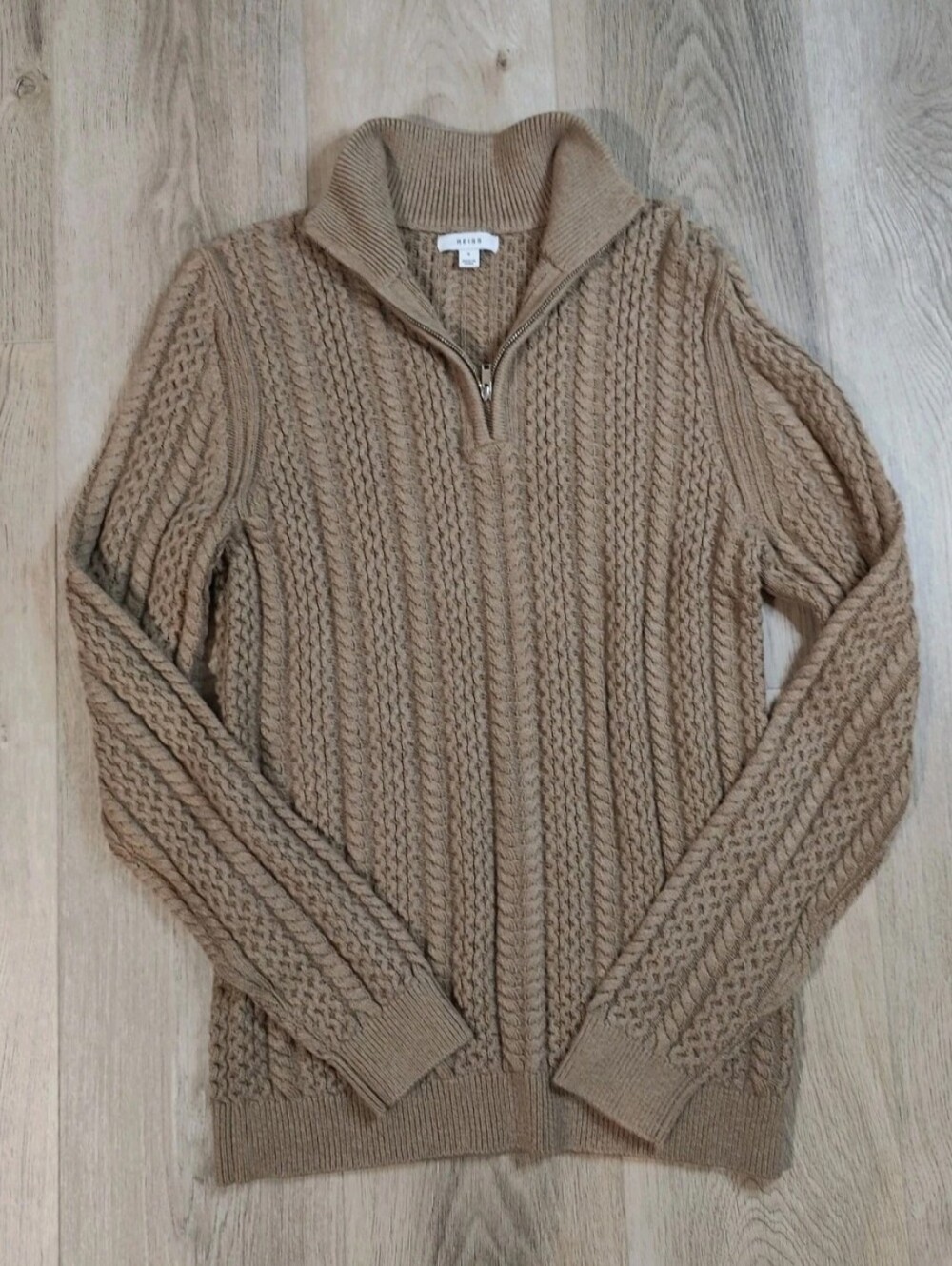 Reiss Men’s Bantham Wool Cotton Blend Beige Tan Cable Knit 1/4 Zip Size S